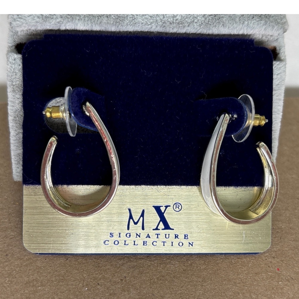 Hoop Earrings Gold Tone White Enamel Post Back Modern Style New
